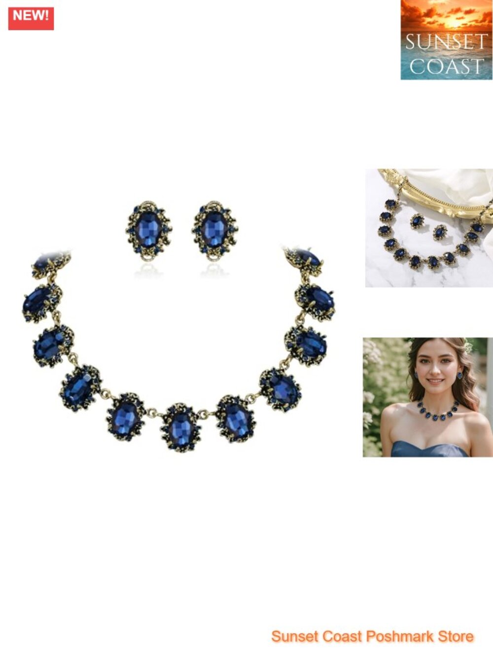 Crystal Floral Cameo Necklace Pierced Earrings Set Victorian Zinc Alloy